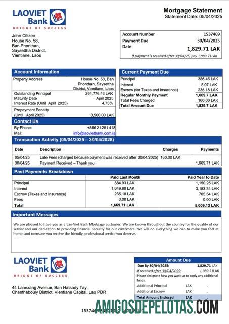 realista Modelo Word e PDF de extrato de hipoteca do Laos Lao Viet Bank